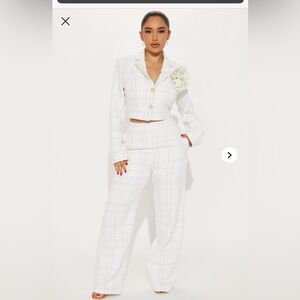 Fashion Nova White Tweed Cropped Blazer & Wide-Leg Pants Set